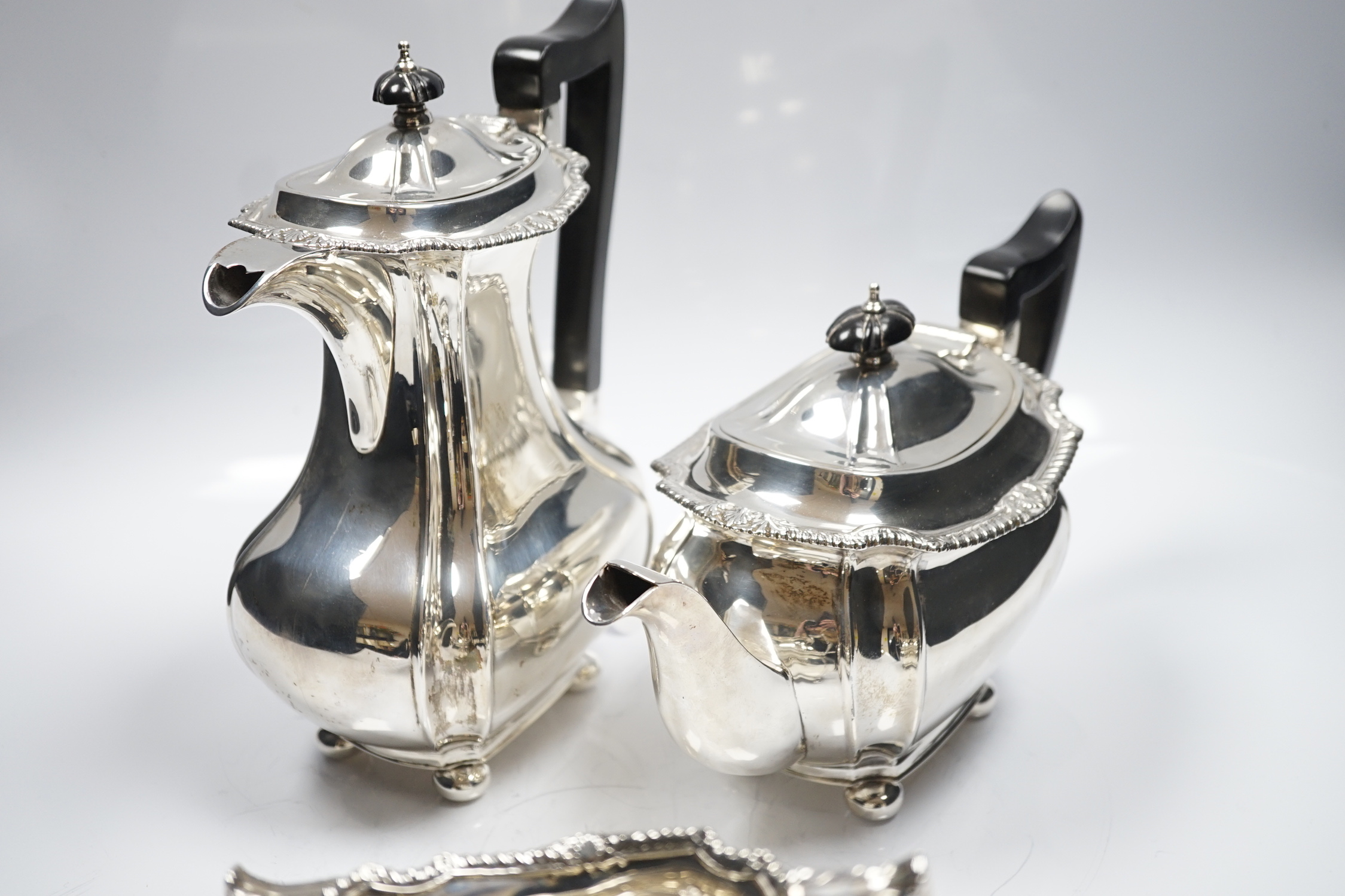 A George V silver four piece tea and coffee service, John Round, Sheffield, 1934/36, gross 63.7oz.